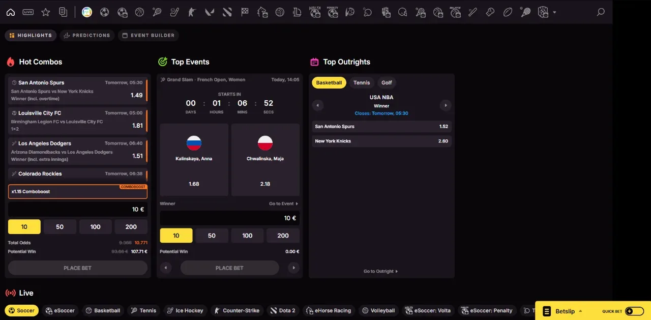 Sportsbook met voetbal en esports zoals CS2 en Dota 2 bij Daytona Spin